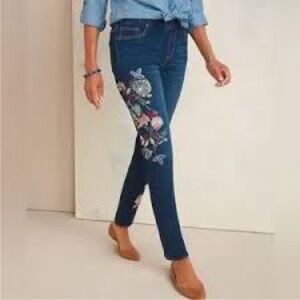 NWT CHICO’S EMBROIDERED DENIM PULL-ON ANKLE JEGGINGS Art deco floral appliqué